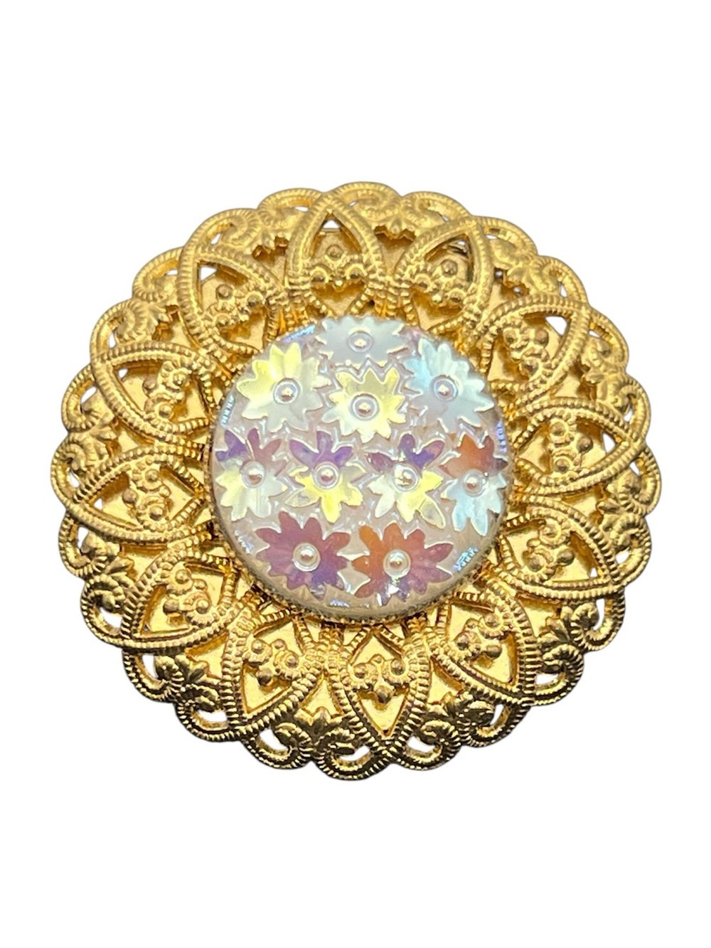 Western Germany scarf clip iridescent glass flowers & gold tone filigree vintage